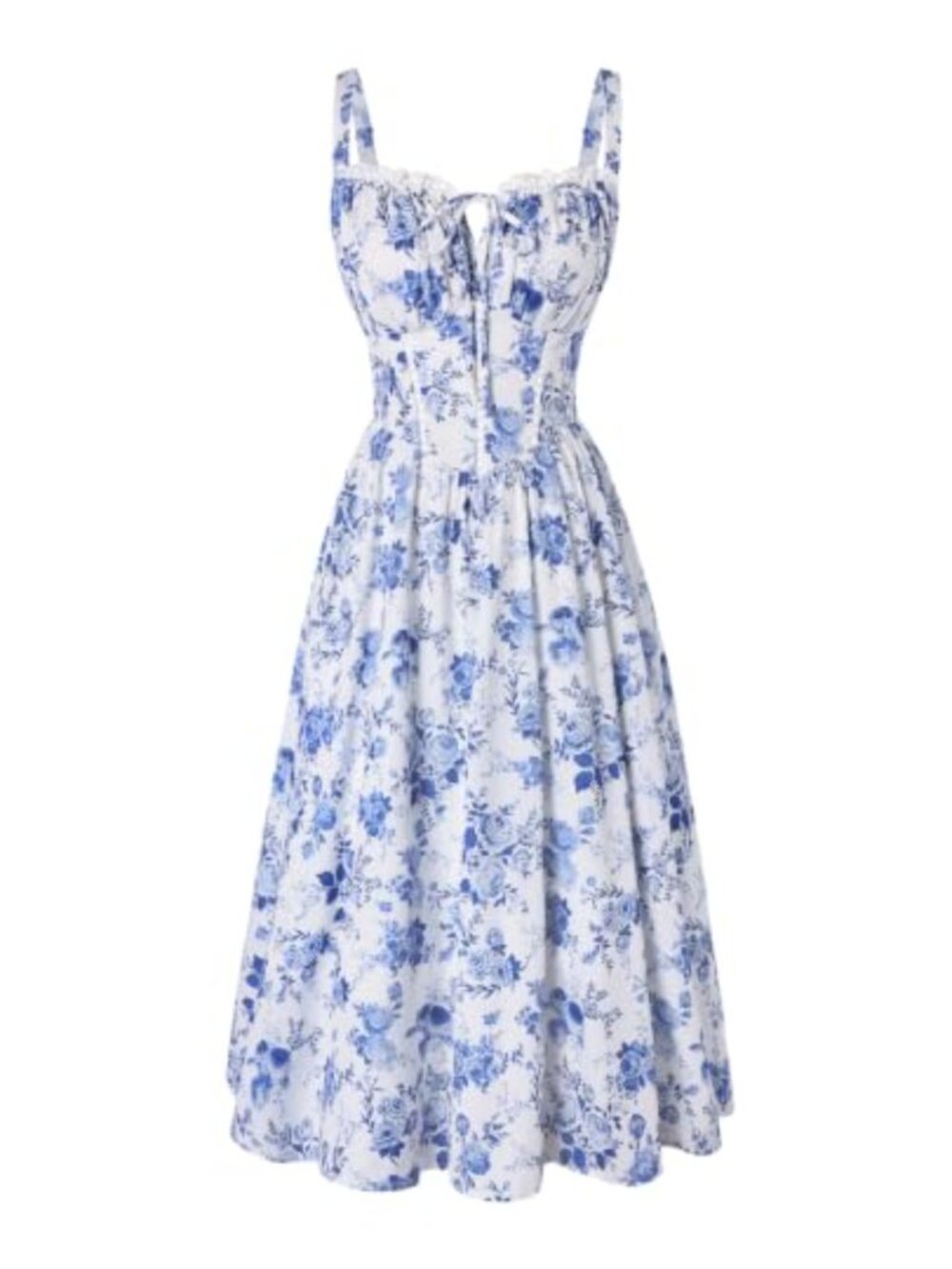 Women Floral Corset Sundress Spaghetti Strap Square Neck A-Line Floral Midi